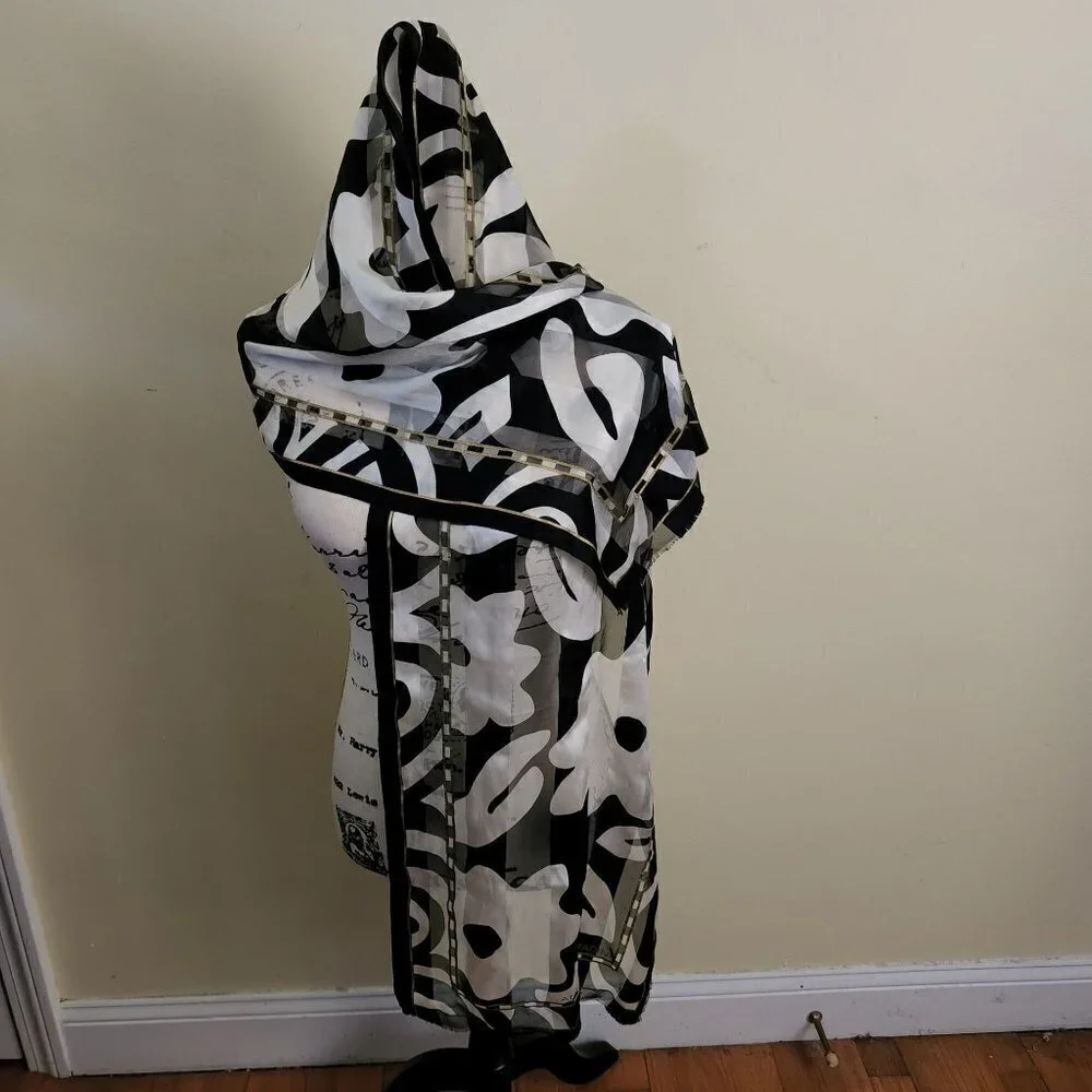 Adrienne Vittadini Stunning Black White Floral Silk Scarf